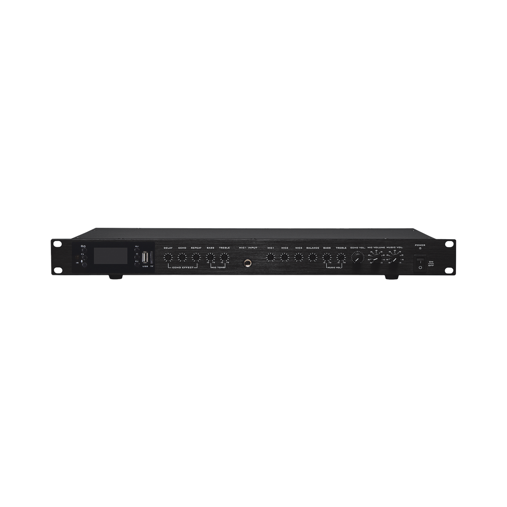 Amplificador de Audio | 2 x 60W | Baja Impedancia 4 - 8Ω | Reproductor Bluetooth, USB, SD | Efectos Integrados Delay, Echo, Repeat