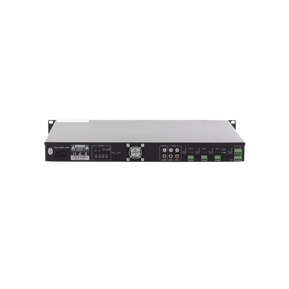 Amplificador de Audio | 1 canal | 350 W | Sistema 100V y Baja Impedancia | 4 Entradas de Micrófono Balanceadas | Bluetooth | USB | SD | FM | Montaje en Rack