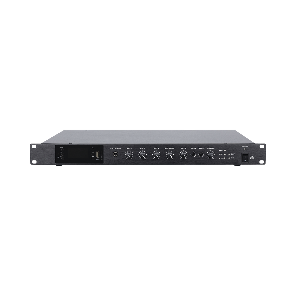 Amplificador de Audio | 1 canal | 350 W | Sistema 100V y Baja Impedancia | 4 Entradas de Micrófono Balanceadas | Bluetooth | USB | SD | FM | Montaje en Rack