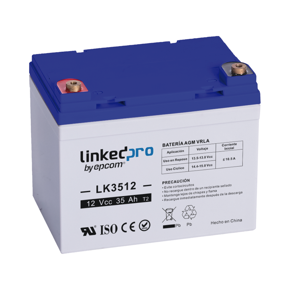 Batería 12 V / 35 Ah / UL / Tecnología AGM / Vida útil promedio de 5 años / Para uso en equipo electrónico, Alarmas de Intrusión / Incendio / Control de acceso / Video Vigilancia / Terminales T1