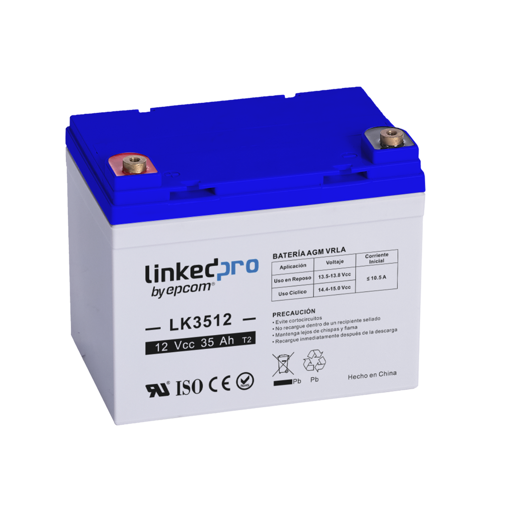Batería 12 V / 35 Ah / UL / Tecnología AGM / Vida útil promedio de 5 años / Para uso en equipo electrónico, Alarmas de Intrusión / Incendio / Control de acceso / Video Vigilancia / Terminales T1