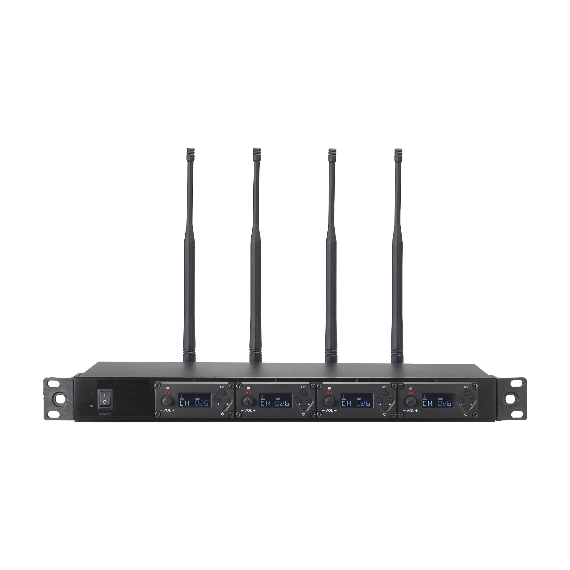 Receptor UHF para 4 micrófonos inalámbricos / Pantalla LCD de cristal liquido