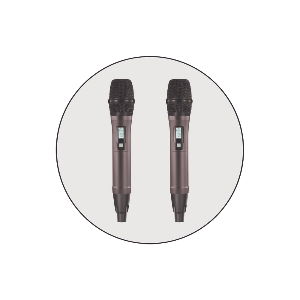 Kit de Microfonía inalámbrico | 2 Micrófonos de mano | Receptor UHF | Pantalla LCD | 200 Canales | Gran cobertura