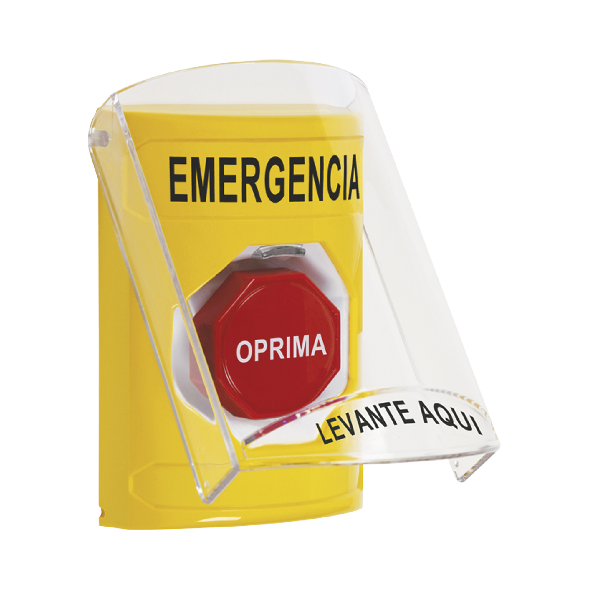 ?Botón Multipropósito, Color Amarillo, De Superficie, Con Tapa De Policarbonato, Con Bocina Pre Alarma, Solo Interior, Llave Para Restablecer, Texto De Emergencia, Español