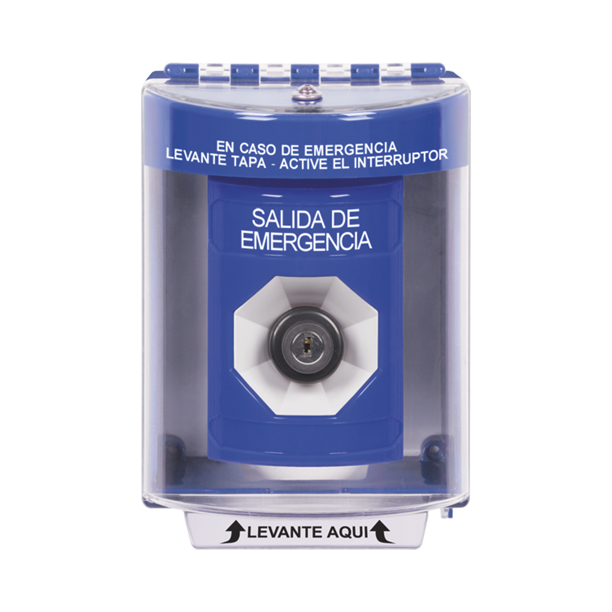 Botón de Salida de Emergencia, Texto en Español, Tapa Protectora de Policarbonato Súper Resistente, Llave para Activar