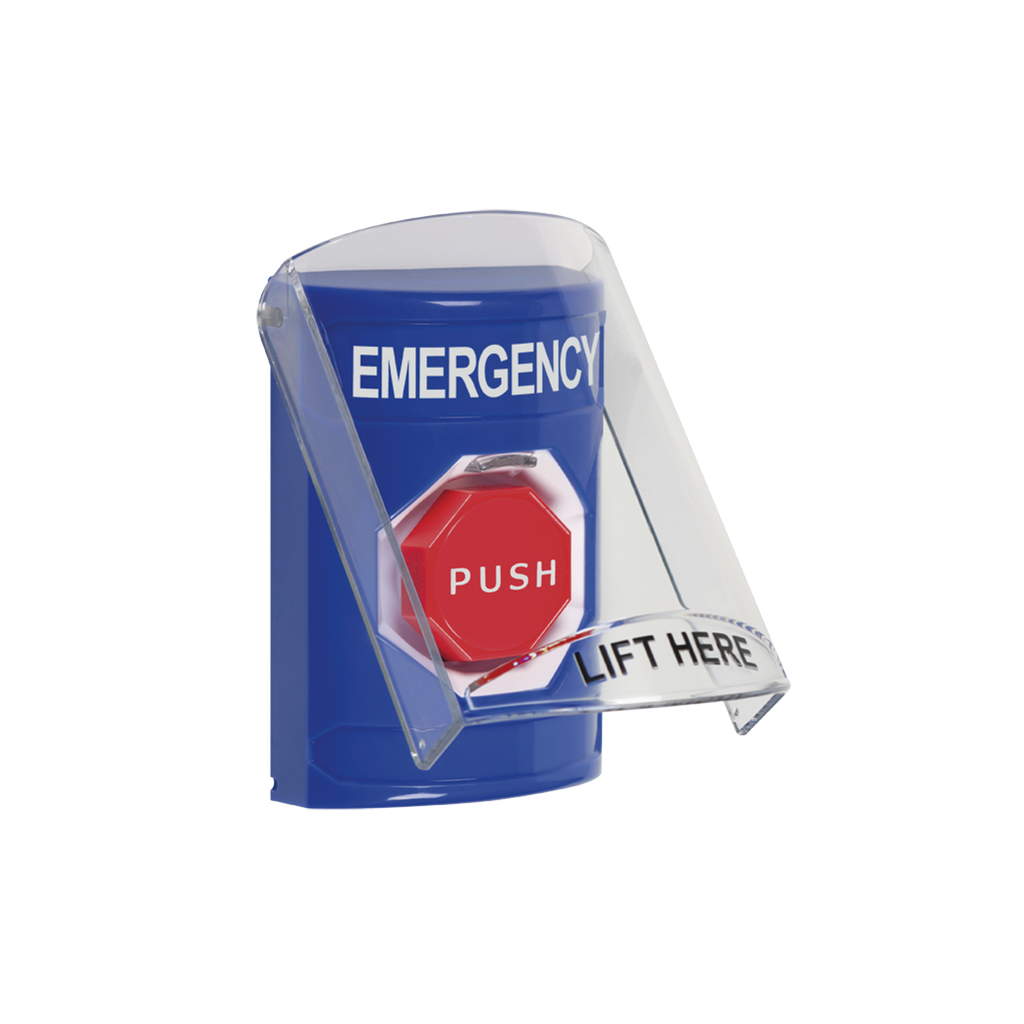 Botón Multipropósito, Color Azul, De Superficie, Con Tapa De Policarbonato, Con Bocina Pre Alarma, Para Interior, Llave Para Restablecer, Texto De Emergencia, Ingles