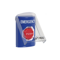 Botón Multipropósito, Color Azul, De Superficie, Con Tapa De Policarbonato, Con Bocina Pre Alarma, Para Interior, Llave Para Restablecer, Texto De Emergencia, Ingles