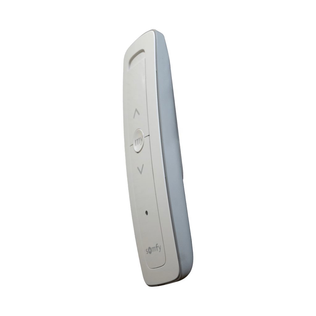 Control remoto 1 canal para motores de persiana Somfy con señal inalámbrica, instrucciones: sube, baja y detener, con posición favorita programada.