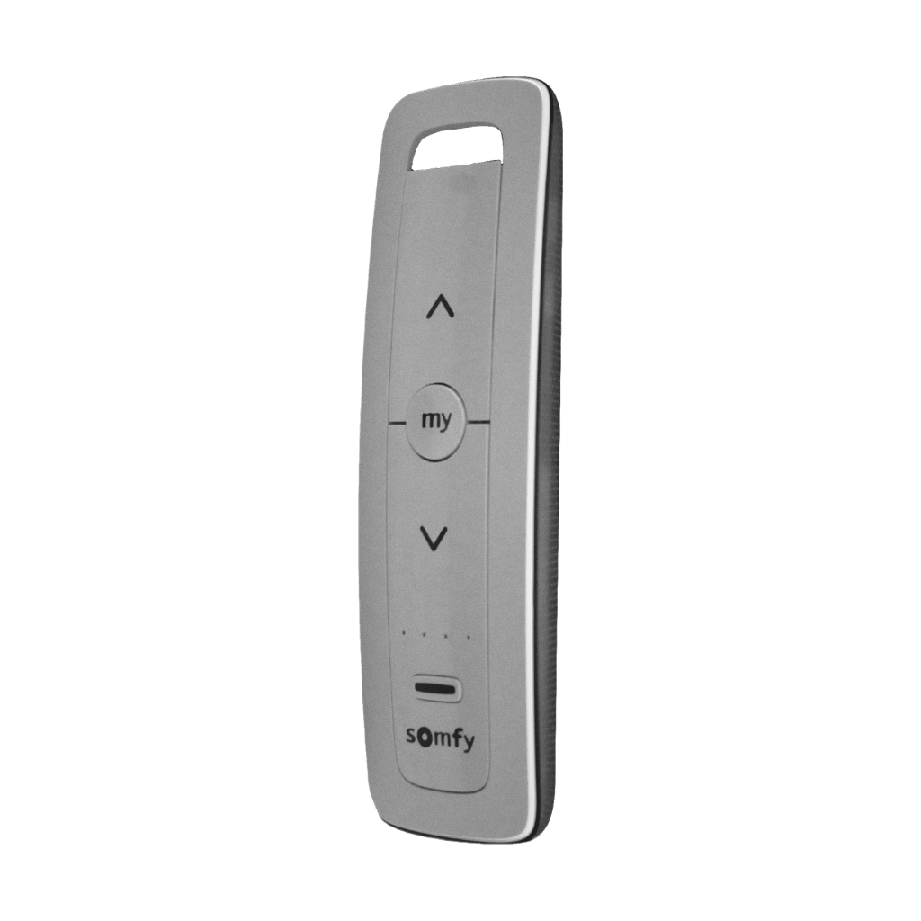 Control remoto 5 canales para motores de persiana Somfy con señal inalámbrica, instrucciones: sube, baja y detener, con posición favorita programada.