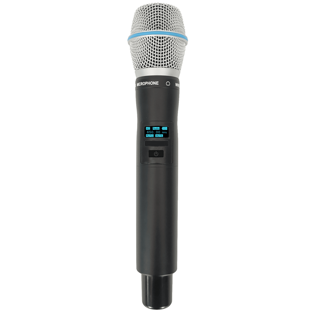 Micrófono Mano Inalámbrico EP-59H | Rango Frecuencia 470-510MHz, 540-590MHz, 640-690MHz, 807-830MHz | Potencia Salida ≥10dBm | Autonomía >10 Horas | Mute Automático por Caída | Display OLED | 7 Niveles Potencia Aju