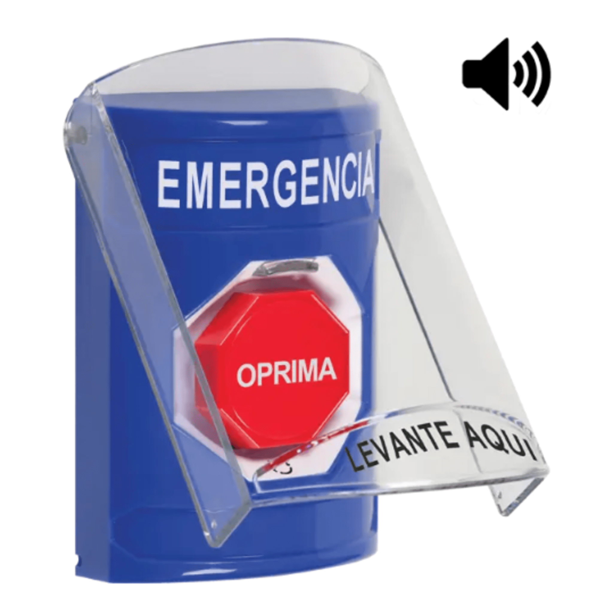 Botón Multipropósito, Color Azul, De Superficie, Con Tapa De Policarbonato, Con Bocina, Para Interior, Girar Para Restablecer, Texto De Emergencia, Español