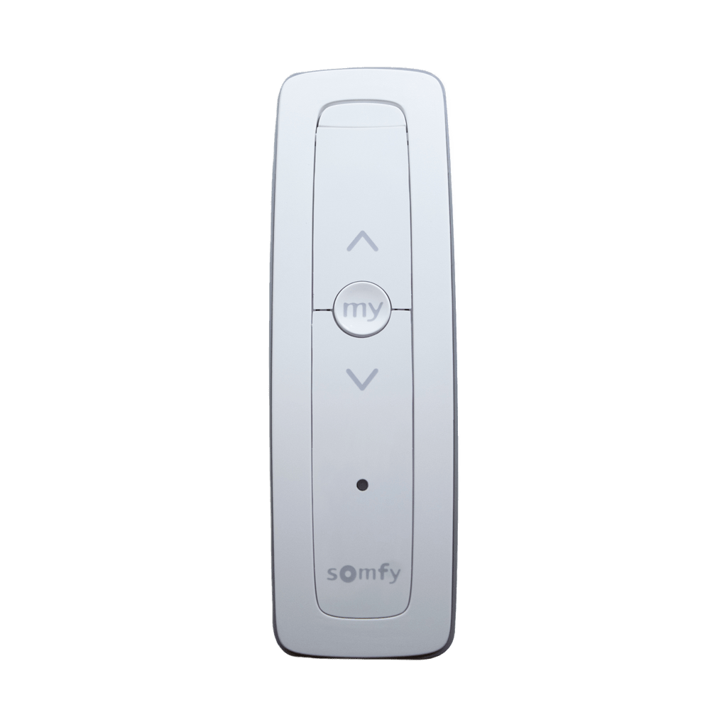Control remoto 1 canal para motores de persiana Somfy con señal inalámbrica, instrucciones: sube, baja y detener, con posición favorita programada.