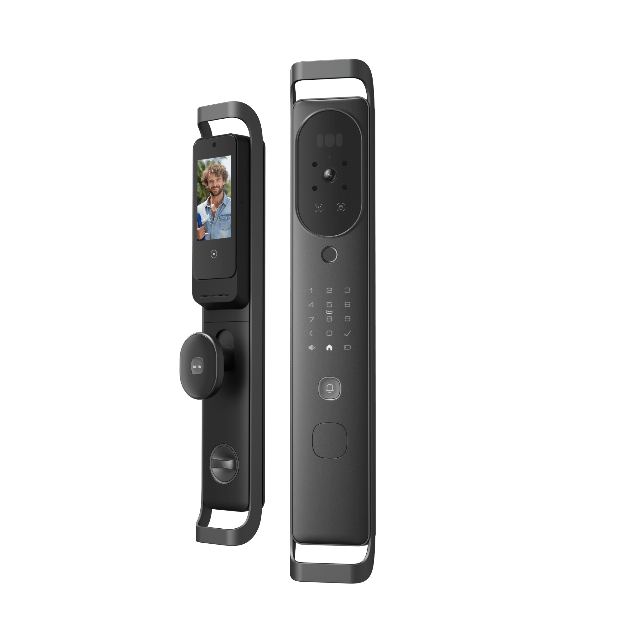 Cerradura Inteligente Multibiométrica / Reconocimiento Facial + Venas Palma + Huella Digital / Teclado Numérico + Tarjetas IC + NFC / Pantalla HD 4.5 Pulgadas / Batería Doble 4000mAh + 2500mAh / Conexión WiFi 2.4GHz / App Smart